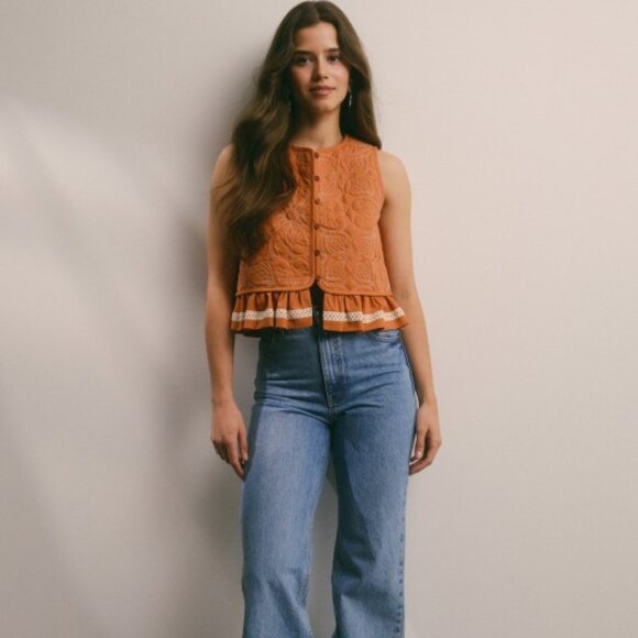 Quilted Peplum Vest with Lace Trim in Terracotta | Western Boho - Picture 4 of 7